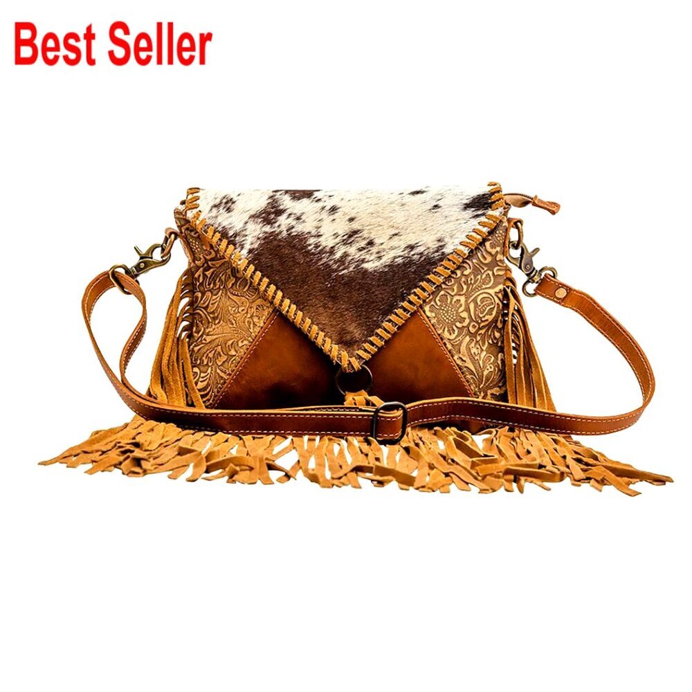 Western Leather Crossbody Bag with Upcycled Canvas and Tassels